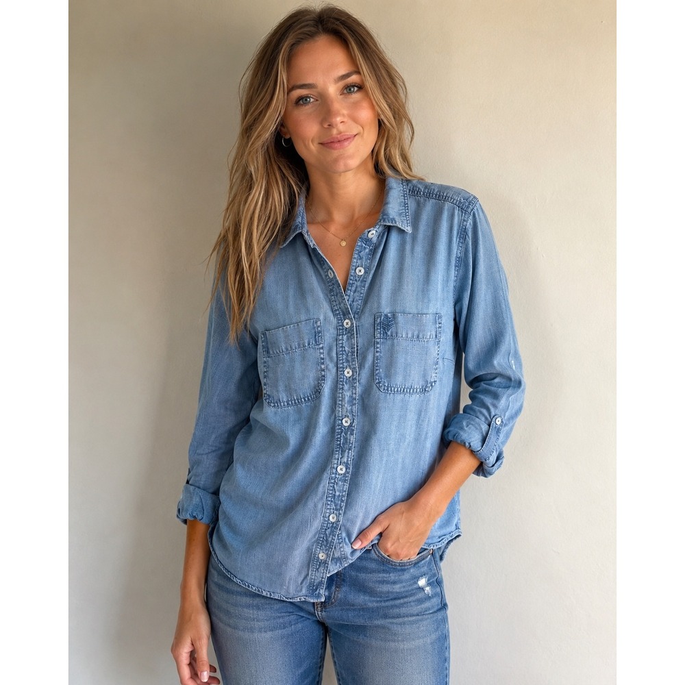 Coolibar Peninsula Chambray Shirt Womens Medium Blue Lyocell UPF 50+ Sun 10124